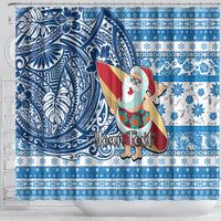 Custom Hawaii Mele Kalikimaka Shower Curtain Santa Claus Surfing with Hawaiian Pattern Striped Blue Style LT03 - Polynesian Pride
