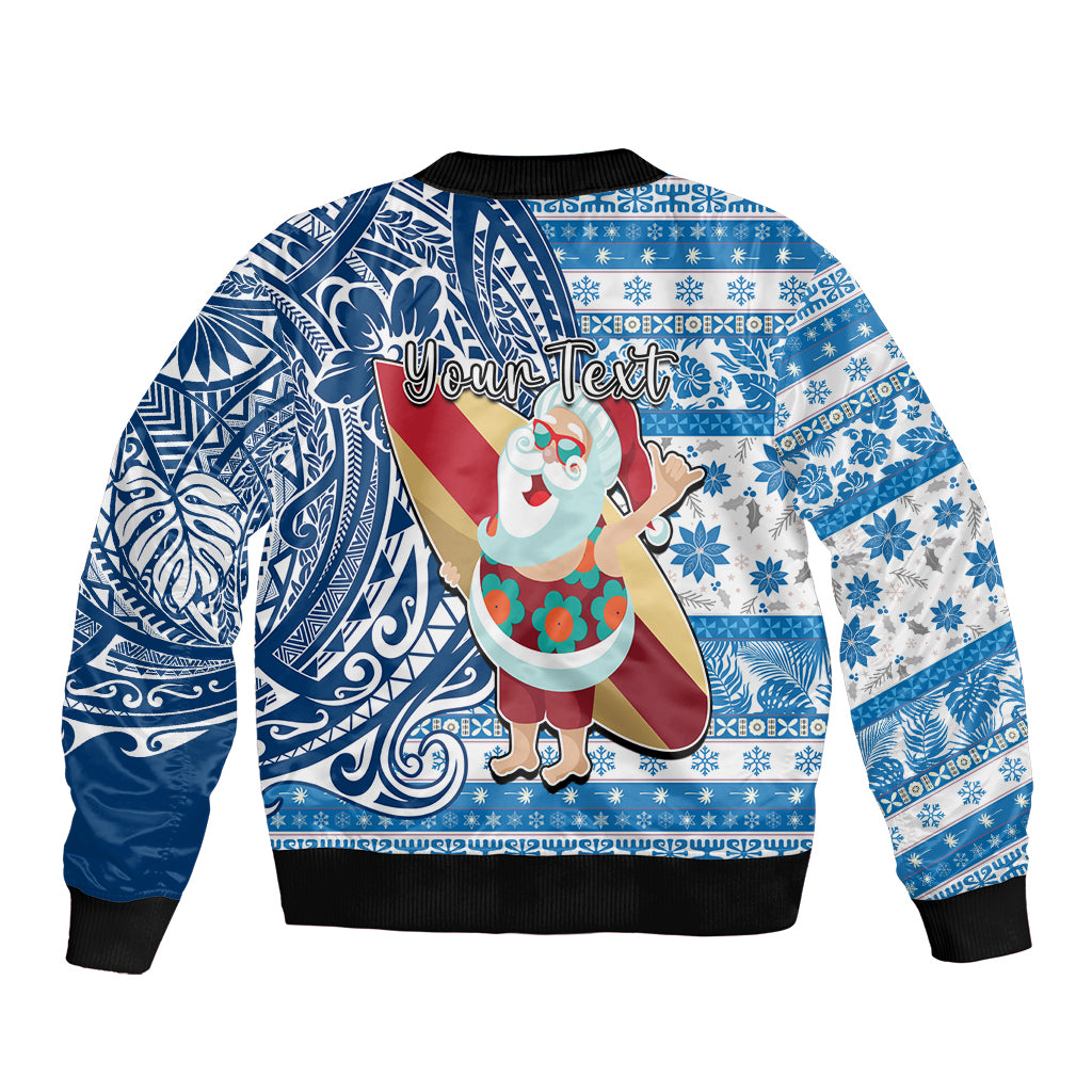 Custom Hawaii Mele Kalikimaka Sleeve Zip Bomber Jacket Santa Claus Surfing with Hawaiian Pattern Striped Blue Style LT03 - Polynesian Pride