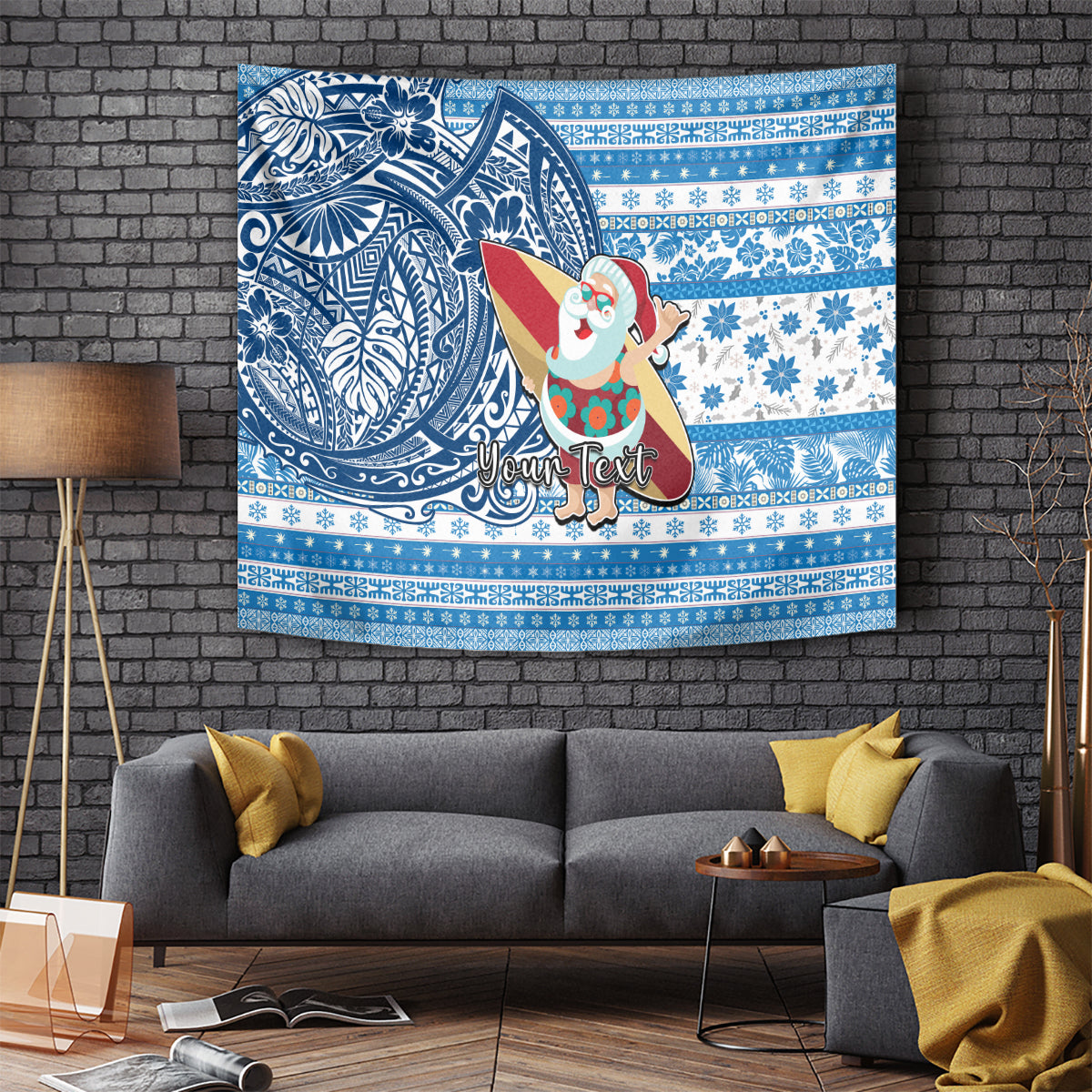 Custom Hawaii Mele Kalikimaka Tapestry Santa Claus Surfing with Hawaiian Pattern Striped Blue Style LT03 Blue - Polynesian Pride