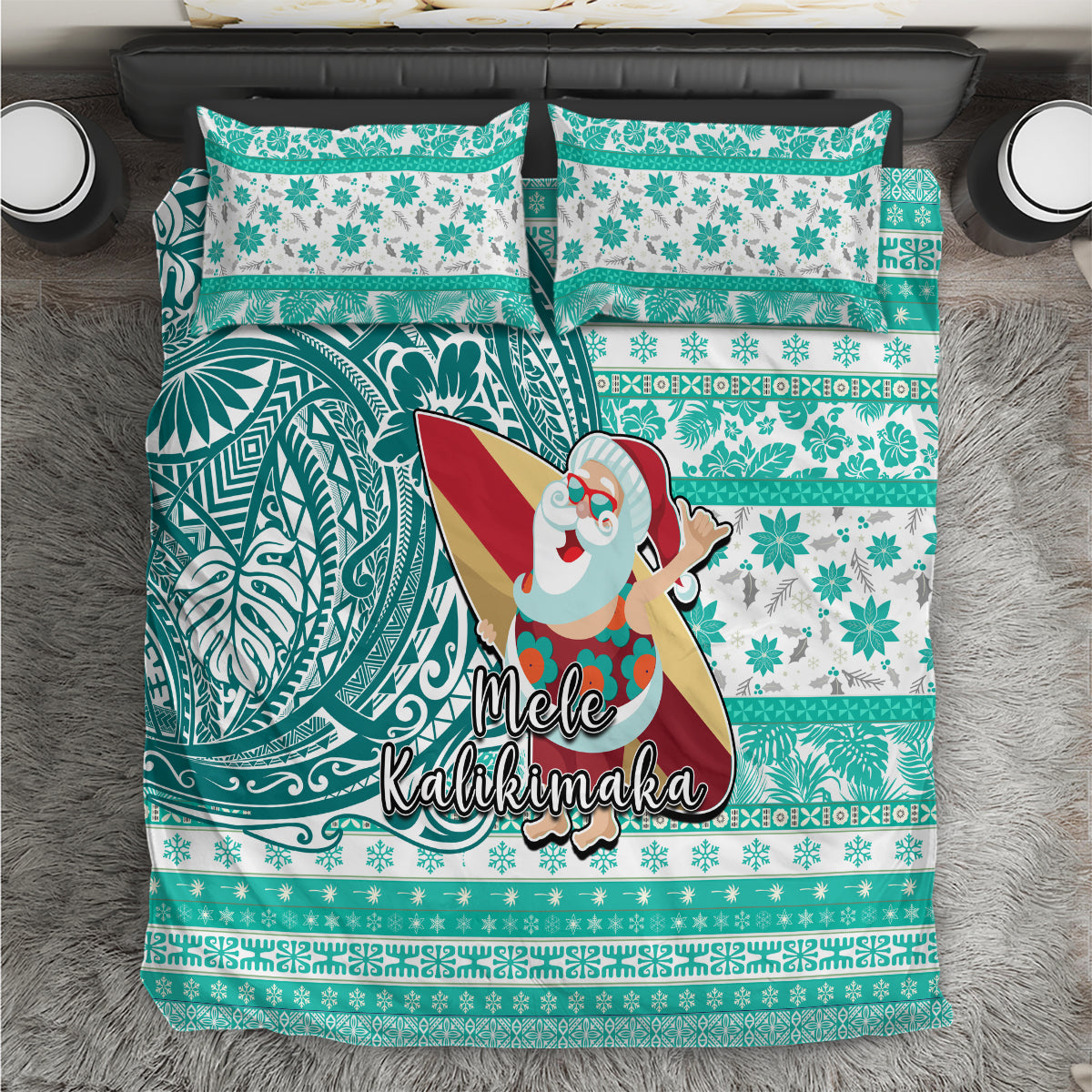 Hawaii Mele Kalikimaka Bedding Set Santa Claus Surfing with Hawaiian Pattern Striped Turquoise Style LT03 Turquoise - Polynesian Pride