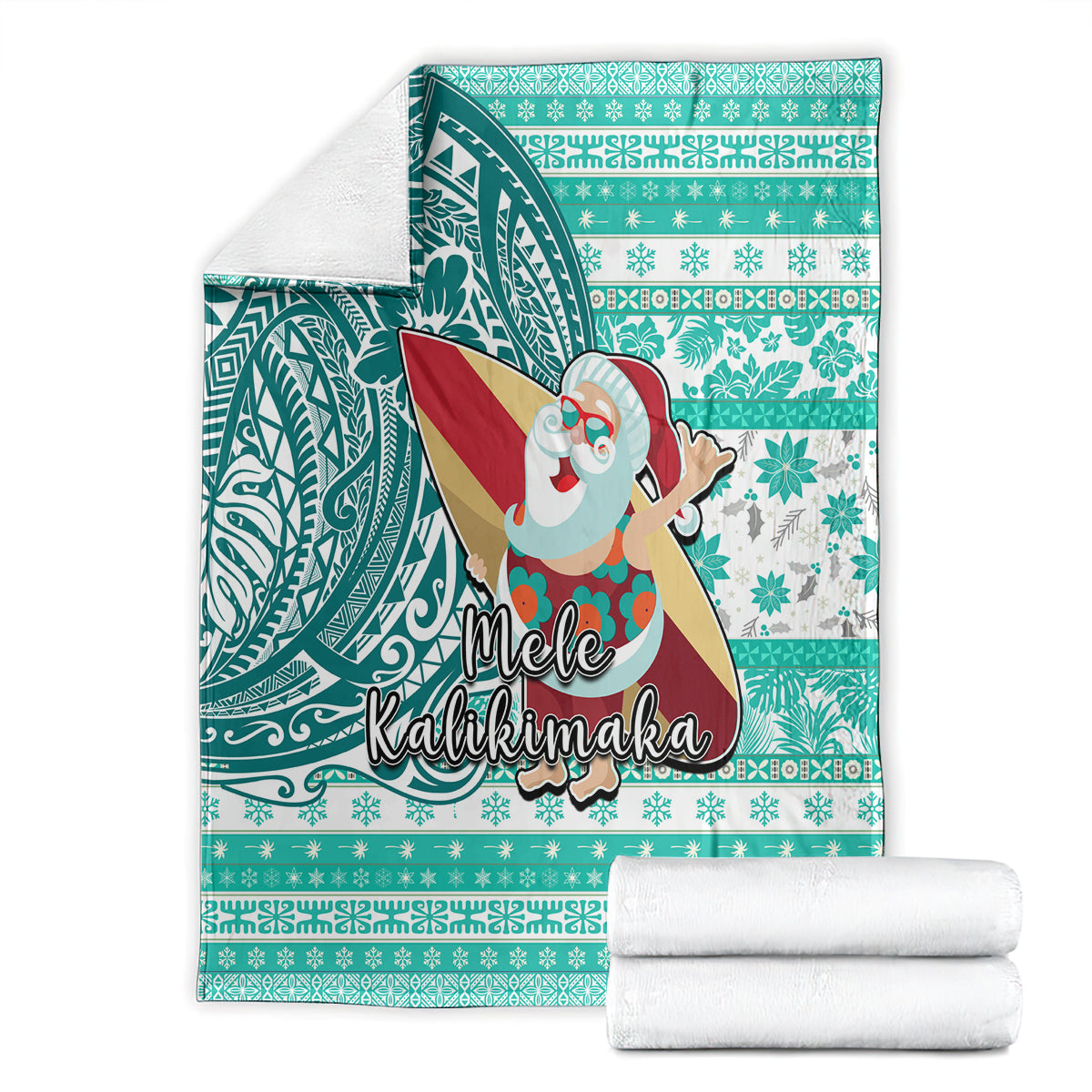 Hawaii Mele Kalikimaka Blanket Santa Claus Surfing with Hawaiian Pattern Striped Turquoise Style LT03 - Polynesian Pride