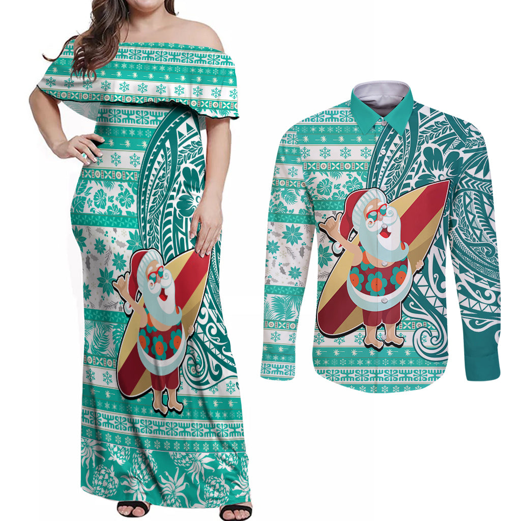 Hawaii Mele Kalikimaka Couples Matching Off Shoulder Maxi Dress and Long Sleeve Button Shirt Santa Claus Surfing with Hawaiian Pattern Striped Turquoise Style LT03 Turquoise - Polynesian Pride