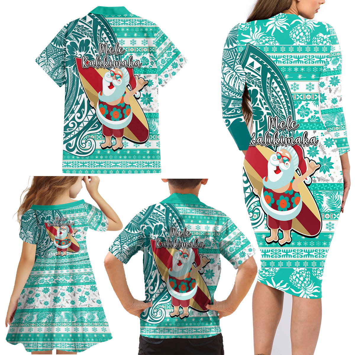 Hawaii Mele Kalikimaka Family Matching Long Sleeve Bodycon Dress and Hawaiian Shirt Santa Claus Surfing with Hawaiian Pattern Striped Turquoise Style LT03 - Polynesian Pride