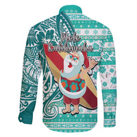 Hawaii Mele Kalikimaka Family Matching Long Sleeve Bodycon Dress and Hawaiian Shirt Santa Claus Surfing with Hawaiian Pattern Striped Turquoise Style LT03 - Polynesian Pride