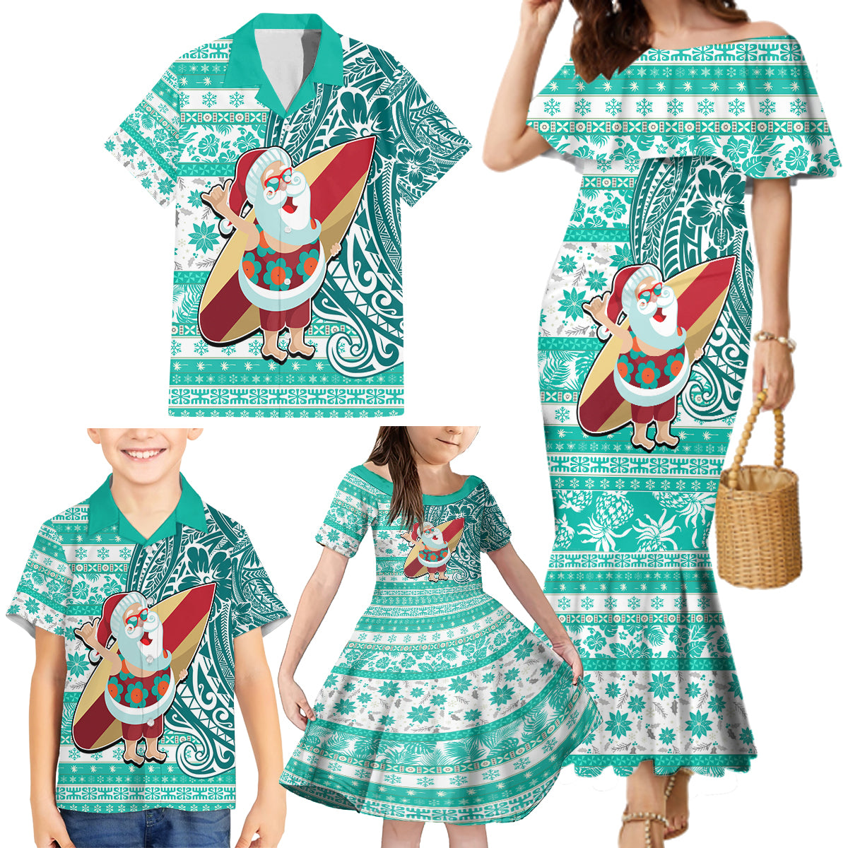 Hawaii Mele Kalikimaka Family Matching Mermaid Dress and Hawaiian Shirt Santa Claus Surfing with Hawaiian Pattern Striped Turquoise Style LT03 - Polynesian Pride