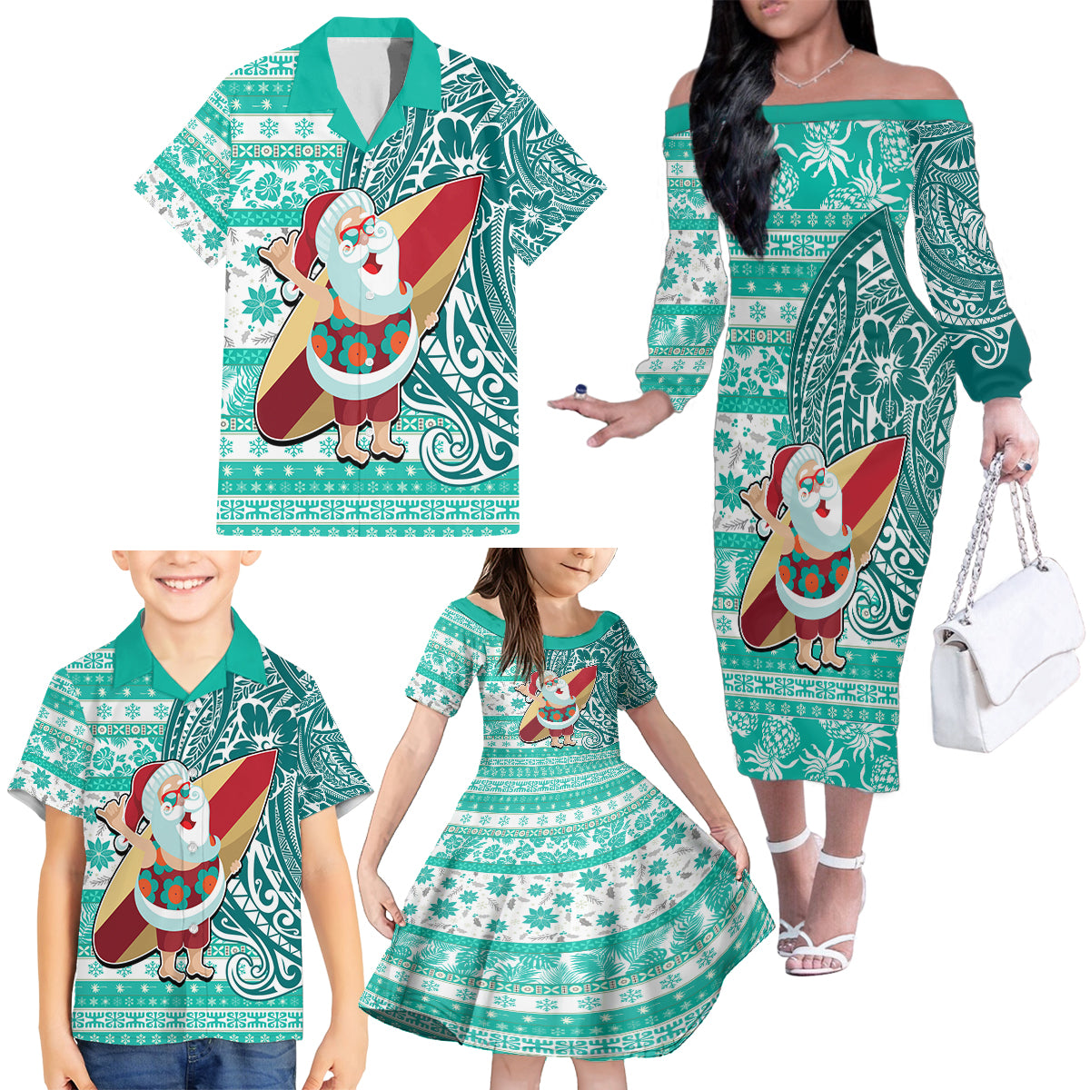 Hawaii Mele Kalikimaka Family Matching Off Shoulder Long Sleeve Dress and Hawaiian Shirt Santa Claus Surfing with Hawaiian Pattern Striped Turquoise Style LT03 - Polynesian Pride