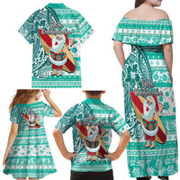 Hawaii Mele Kalikimaka Family Matching Off Shoulder Maxi Dress and Hawaiian Shirt Santa Claus Surfing with Hawaiian Pattern Striped Turquoise Style LT03 - Polynesian Pride
