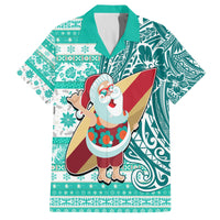 Hawaii Mele Kalikimaka Family Matching Puletasi Dress and Hawaiian Shirt Santa Claus Surfing with Hawaiian Pattern Striped Turquoise Style LT03 Dad's Shirt - Short Sleeve Turquoise - Polynesian Pride