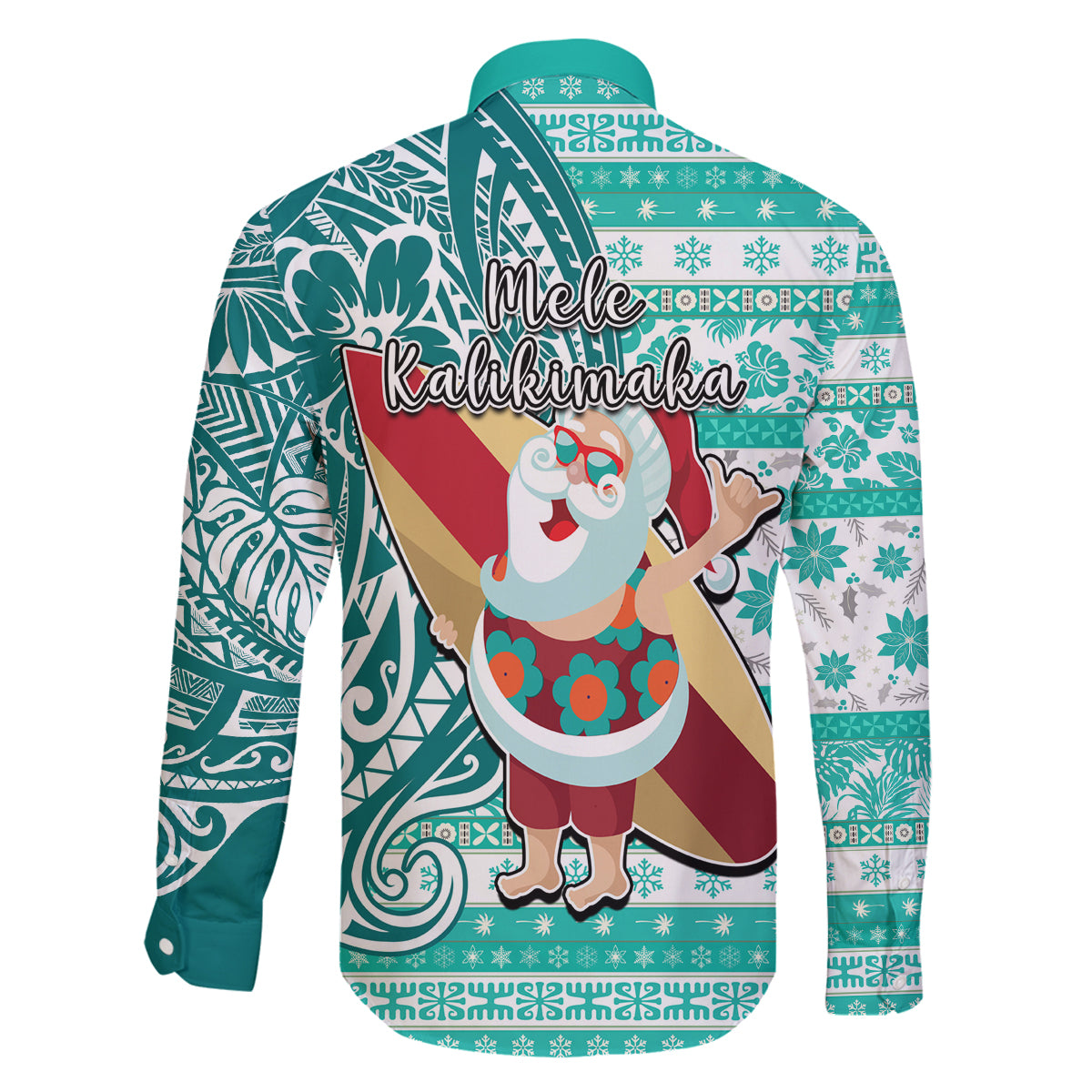 Hawaii Mele Kalikimaka Family Matching Puletasi Dress and Hawaiian Shirt Santa Claus Surfing with Hawaiian Pattern Striped Turquoise Style LT03 - Polynesian Pride