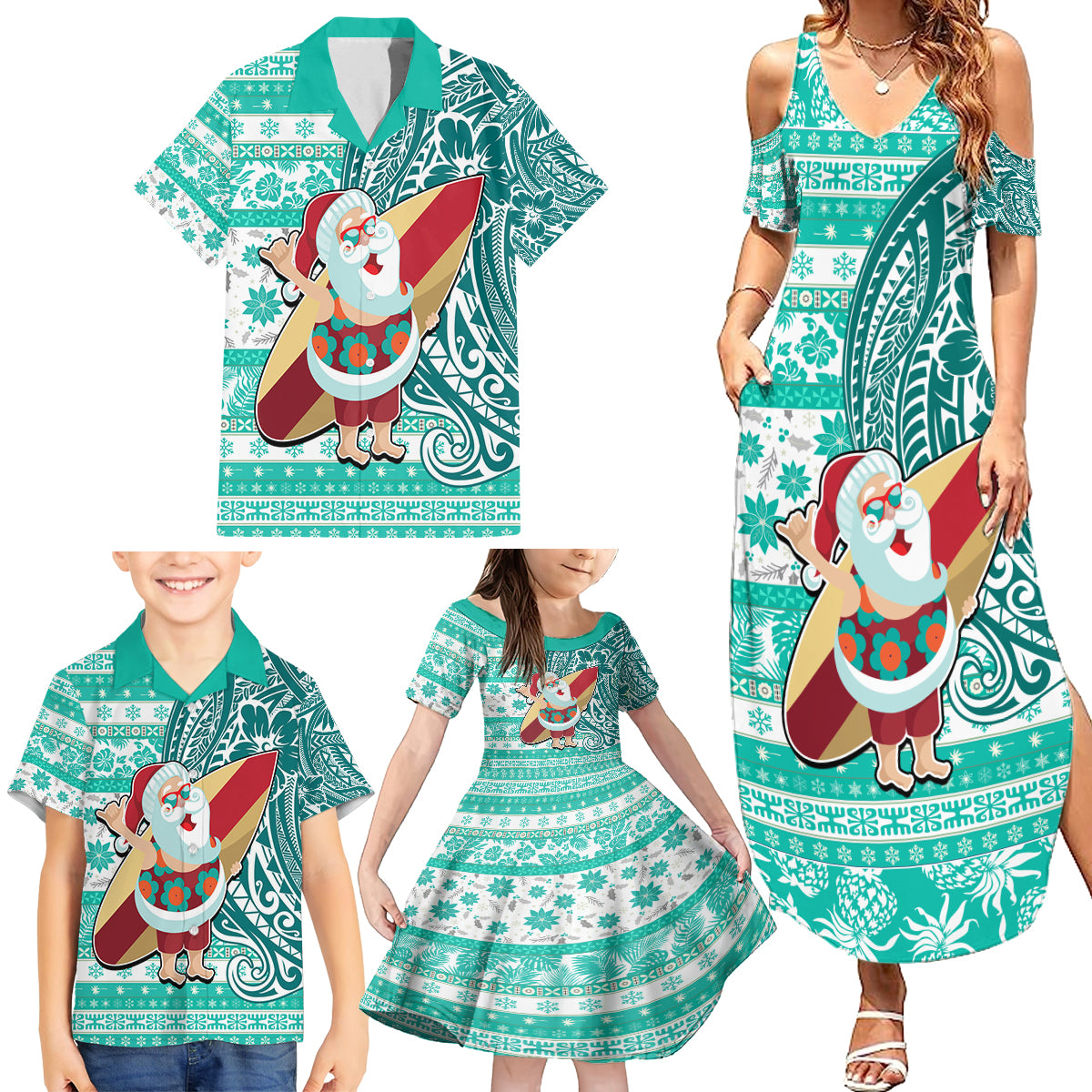 Hawaii Mele Kalikimaka Family Matching Summer Maxi Dress and Hawaiian Shirt Santa Claus Surfing with Hawaiian Pattern Striped Turquoise Style LT03 - Polynesian Pride