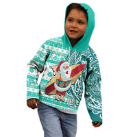 Hawaii Mele Kalikimaka Kid Hoodie Santa Claus Surfing with Hawaiian Pattern Striped Turquoise Style LT03 - Polynesian Pride