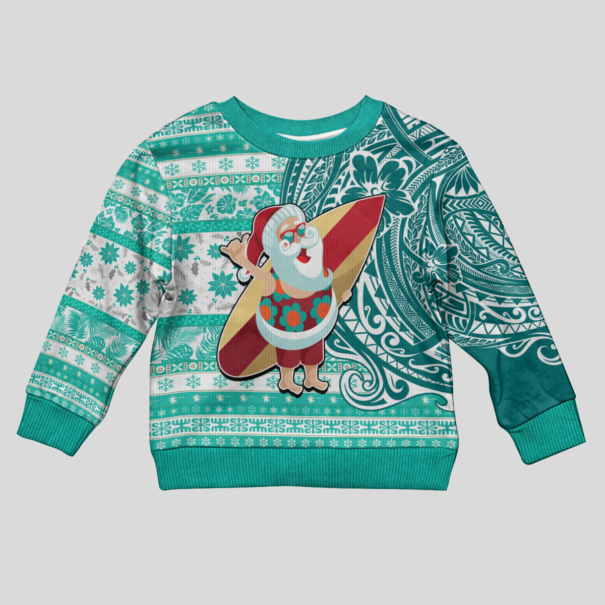 Hawaii Mele Kalikimaka Kid Ugly Christmas Sweater Santa Claus Surfing with Hawaiian Pattern Striped Turquoise Style LT03 Kid Turquoise - Polynesian Pride
