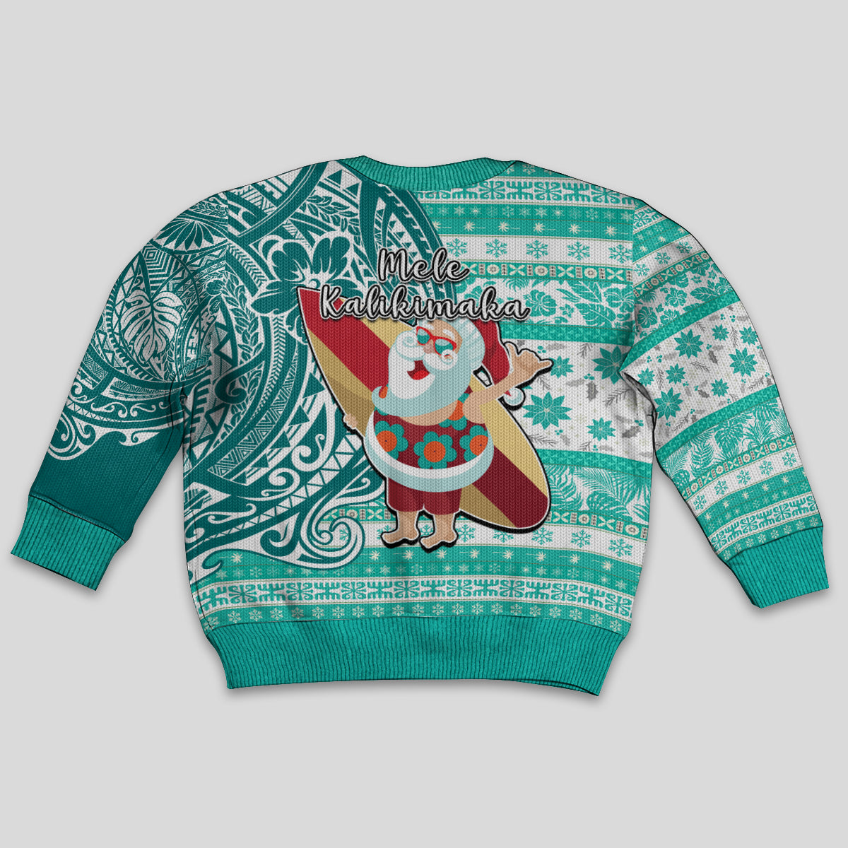 Hawaii Mele Kalikimaka Kid Ugly Christmas Sweater Santa Claus Surfing with Hawaiian Pattern Striped Turquoise Style LT03 - Polynesian Pride