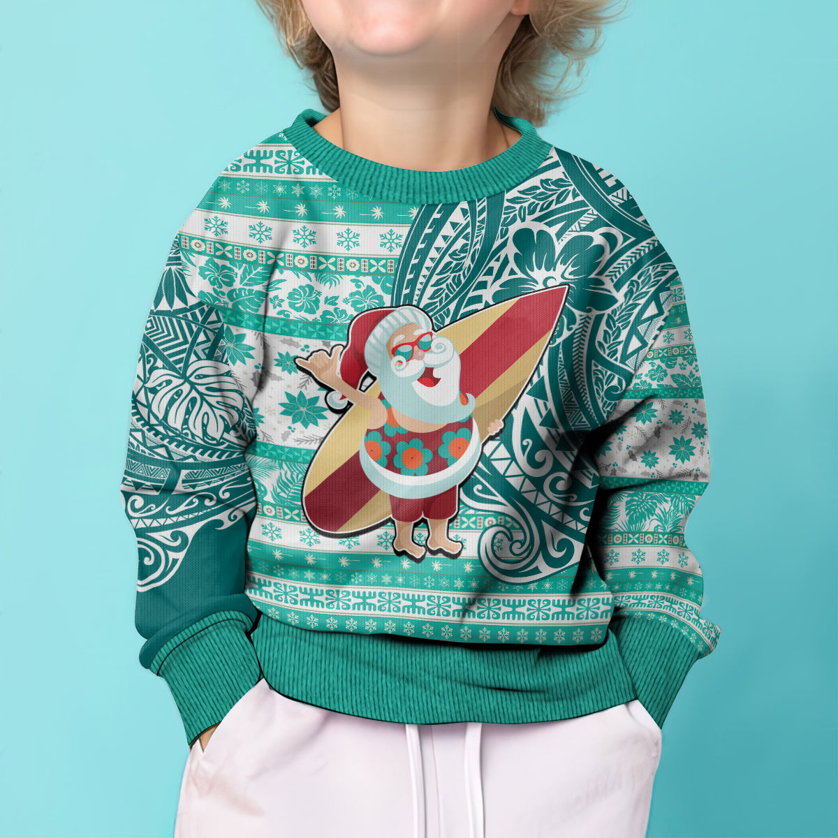Hawaii Mele Kalikimaka Kid Ugly Christmas Sweater Santa Claus Surfing with Hawaiian Pattern Striped Turquoise Style LT03 - Polynesian Pride