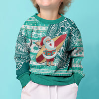 Hawaii Mele Kalikimaka Kid Ugly Christmas Sweater Santa Claus Surfing with Hawaiian Pattern Striped Turquoise Style LT03 - Polynesian Pride