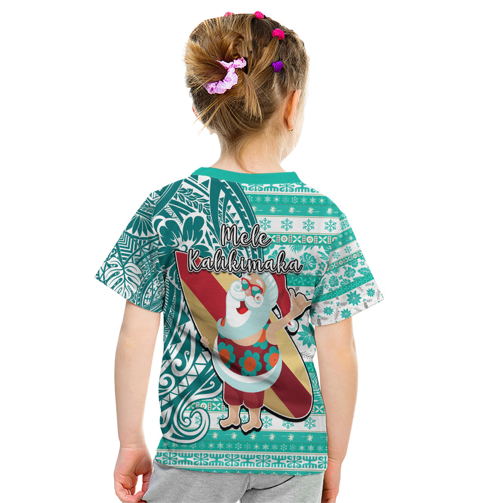 Hawaii Mele Kalikimaka Kid T Shirt Santa Claus Surfing with Hawaiian Pattern Striped Turquoise Style LT03 - Polynesian Pride