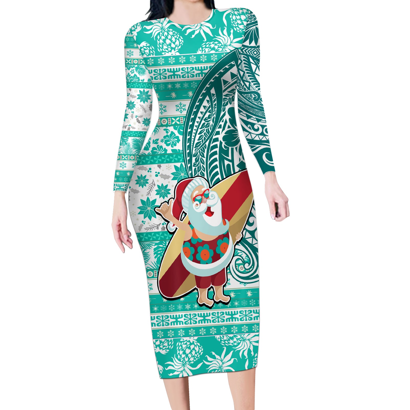 Hawaii Mele Kalikimaka Long Sleeve Bodycon Dress Santa Claus Surfing with Hawaiian Pattern Striped Turquoise Style LT03 Long Dress Turquoise - Polynesian Pride