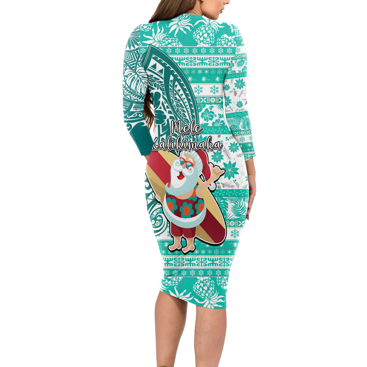Hawaii Mele Kalikimaka Long Sleeve Bodycon Dress Santa Claus Surfing with Hawaiian Pattern Striped Turquoise Style LT03 - Polynesian Pride