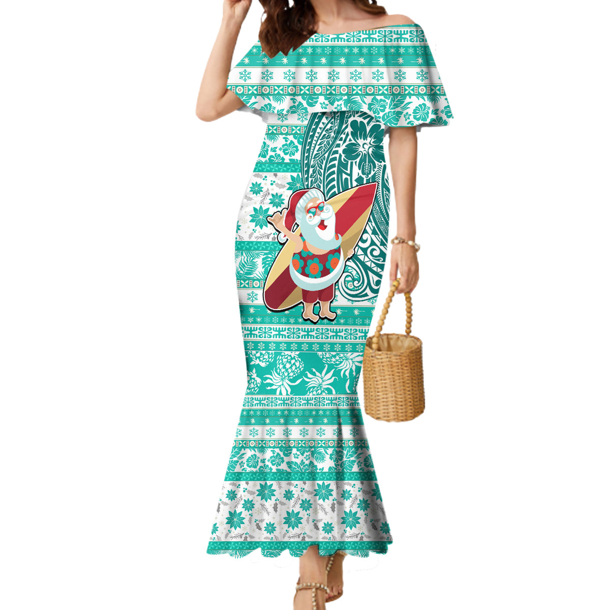 Hawaii Mele Kalikimaka Mermaid Dress Santa Claus Surfing with Hawaiian Pattern Striped Turquoise Style LT03 Women Turquoise - Polynesian Pride