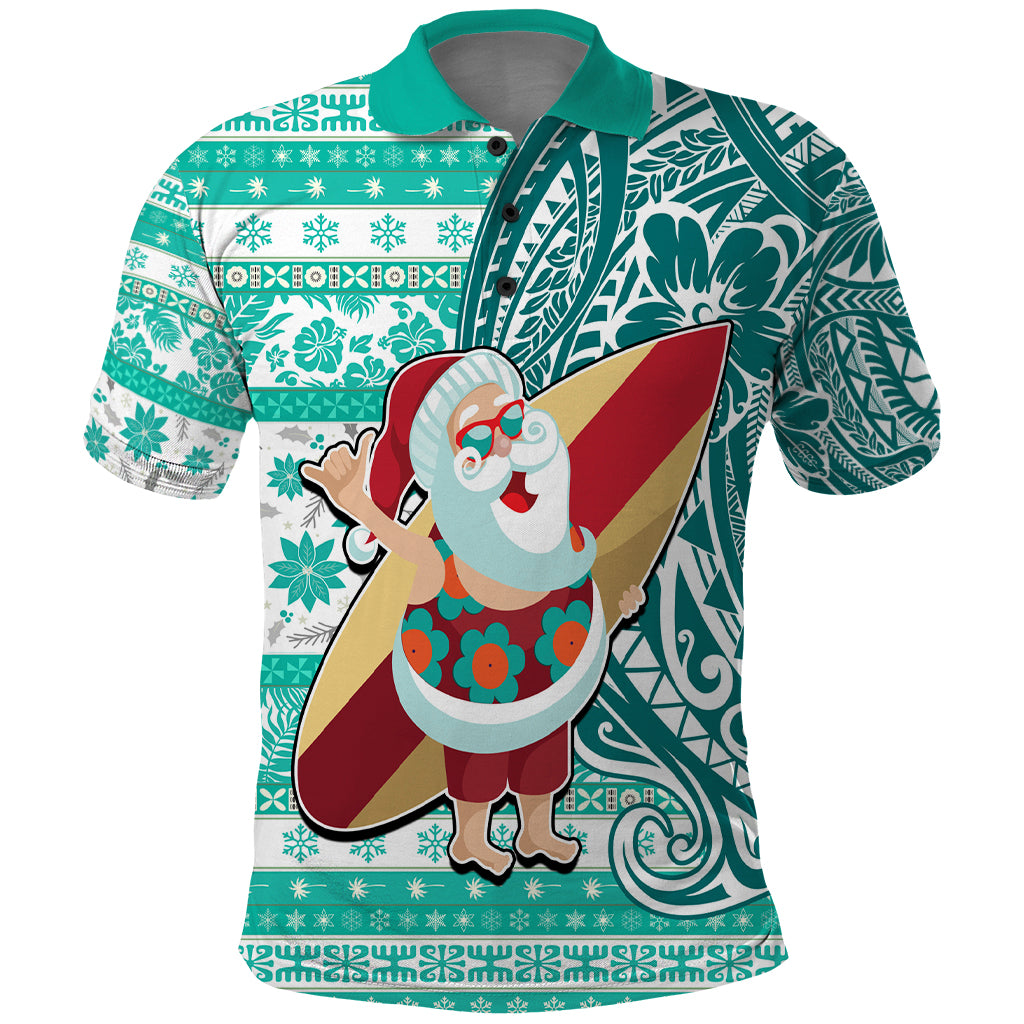 Hawaii Mele Kalikimaka Polo Shirt Santa Claus Surfing with Hawaiian Pattern Striped Turquoise Style LT03 Turquoise - Polynesian Pride