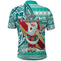 Hawaii Mele Kalikimaka Polo Shirt Santa Claus Surfing with Hawaiian Pattern Striped Turquoise Style LT03 - Polynesian Pride