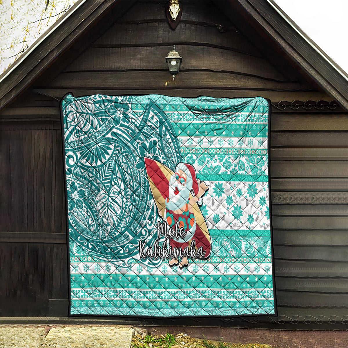 Hawaii Mele Kalikimaka Quilt Santa Claus Surfing with Hawaiian Pattern Striped Turquoise Style LT03 - Polynesian Pride