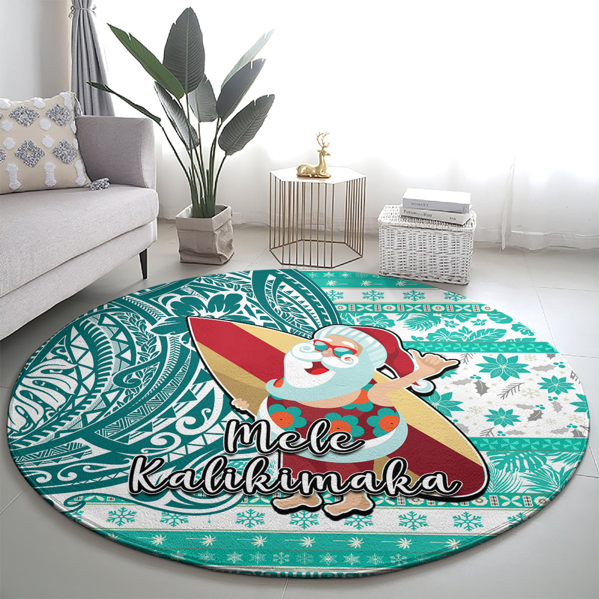 Hawaii Mele Kalikimaka Round Carpet Santa Claus Surfing with Hawaiian Pattern Striped Turquoise Style LT03 - Polynesian Pride