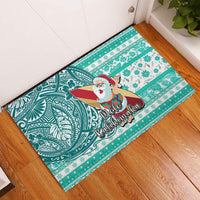 Hawaii Mele Kalikimaka Rubber Doormat Santa Claus Surfing with Hawaiian Pattern Striped Turquoise Style LT03 Turquoise - Polynesian Pride