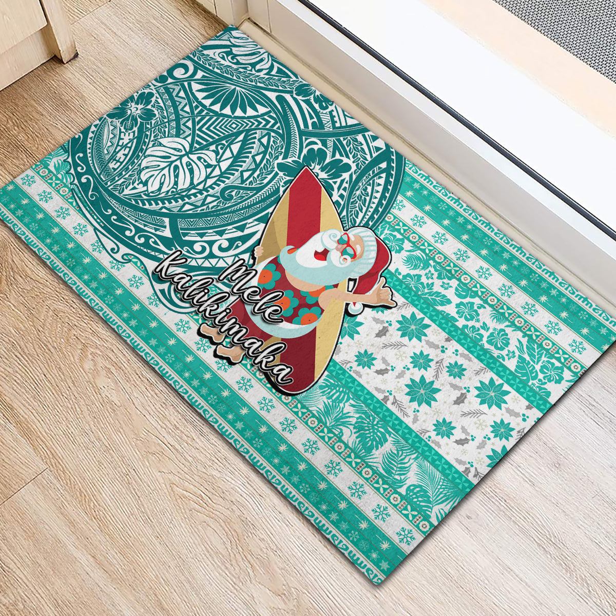 Hawaii Mele Kalikimaka Rubber Doormat Santa Claus Surfing with Hawaiian Pattern Striped Turquoise Style LT03 - Polynesian Pride