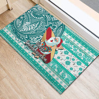 Hawaii Mele Kalikimaka Rubber Doormat Santa Claus Surfing with Hawaiian Pattern Striped Turquoise Style LT03 - Polynesian Pride