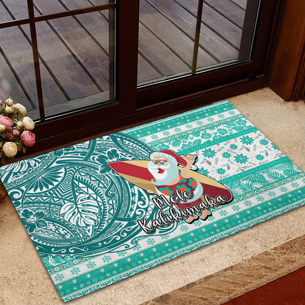 Hawaii Mele Kalikimaka Rubber Doormat Santa Claus Surfing with Hawaiian Pattern Striped Turquoise Style LT03 - Polynesian Pride