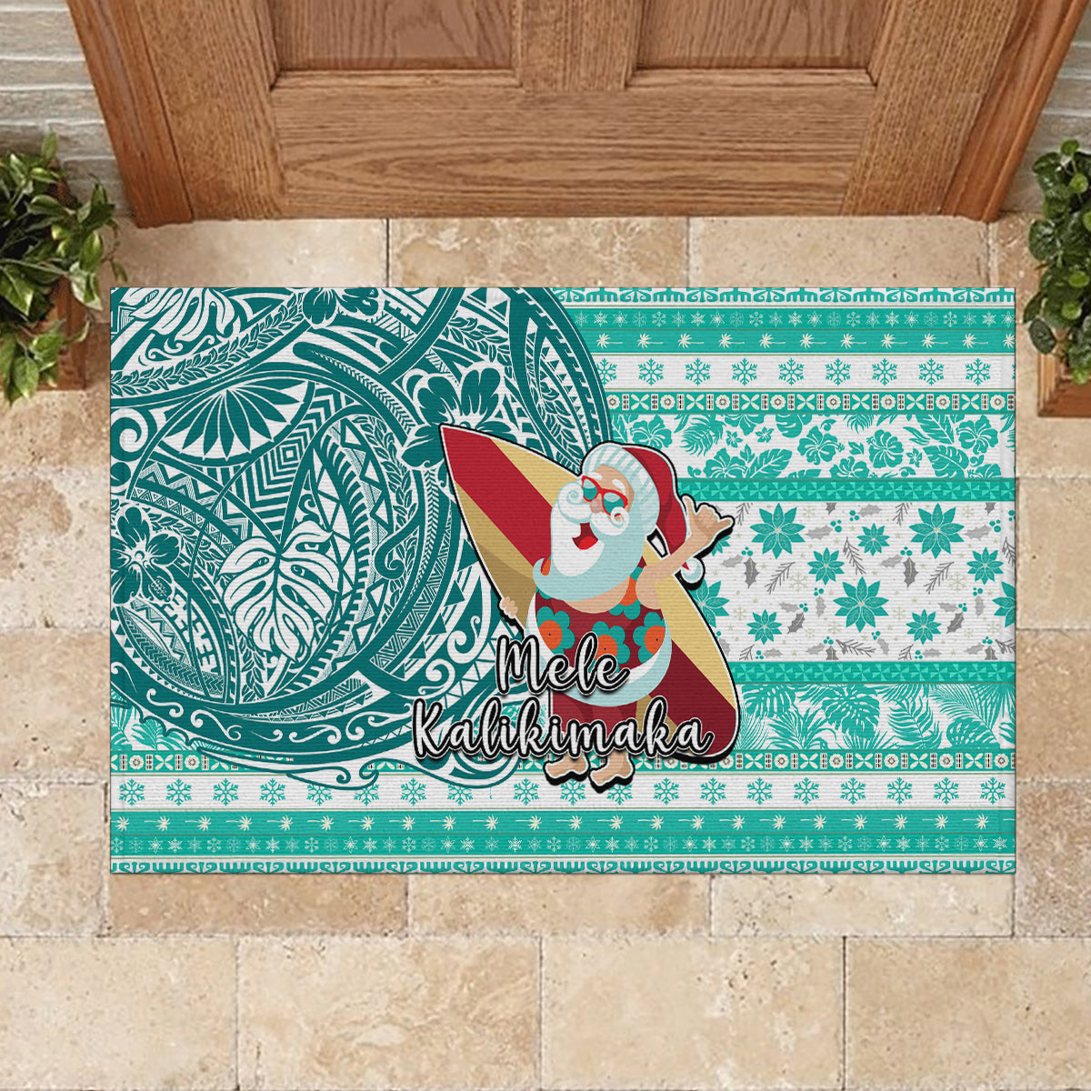 Hawaii Mele Kalikimaka Rubber Doormat Santa Claus Surfing with Hawaiian Pattern Striped Turquoise Style LT03 - Polynesian Pride