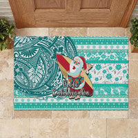 Hawaii Mele Kalikimaka Rubber Doormat Santa Claus Surfing with Hawaiian Pattern Striped Turquoise Style LT03 - Polynesian Pride
