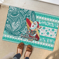 Hawaii Mele Kalikimaka Rubber Doormat Santa Claus Surfing with Hawaiian Pattern Striped Turquoise Style LT03 - Polynesian Pride