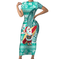 Hawaii Mele Kalikimaka Short Sleeve Bodycon Dress Santa Claus Surfing with Hawaiian Pattern Striped Turquoise Style LT03 Long Dress Turquoise - Polynesian Pride