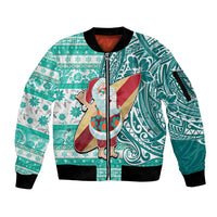 Hawaii Mele Kalikimaka Sleeve Zip Bomber Jacket Santa Claus Surfing with Hawaiian Pattern Striped Turquoise Style LT03 Unisex Turquoise - Polynesian Pride
