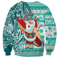 Hawaii Mele Kalikimaka Sweatshirt Santa Claus Surfing with Hawaiian Pattern Striped Turquoise Style LT03 - Polynesian Pride