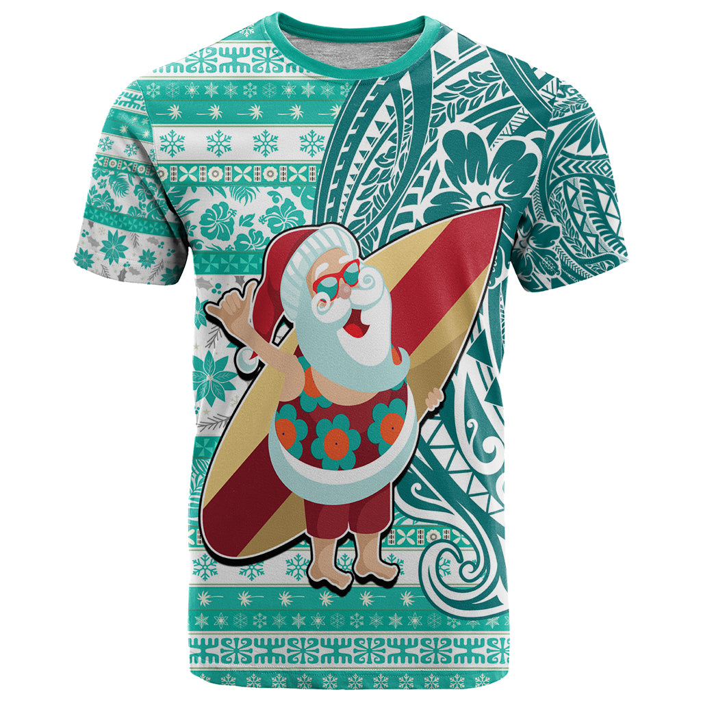 Hawaii Mele Kalikimaka T Shirt Santa Claus Surfing with Hawaiian Pattern Striped Turquoise Style LT03 Turquoise - Polynesian Pride