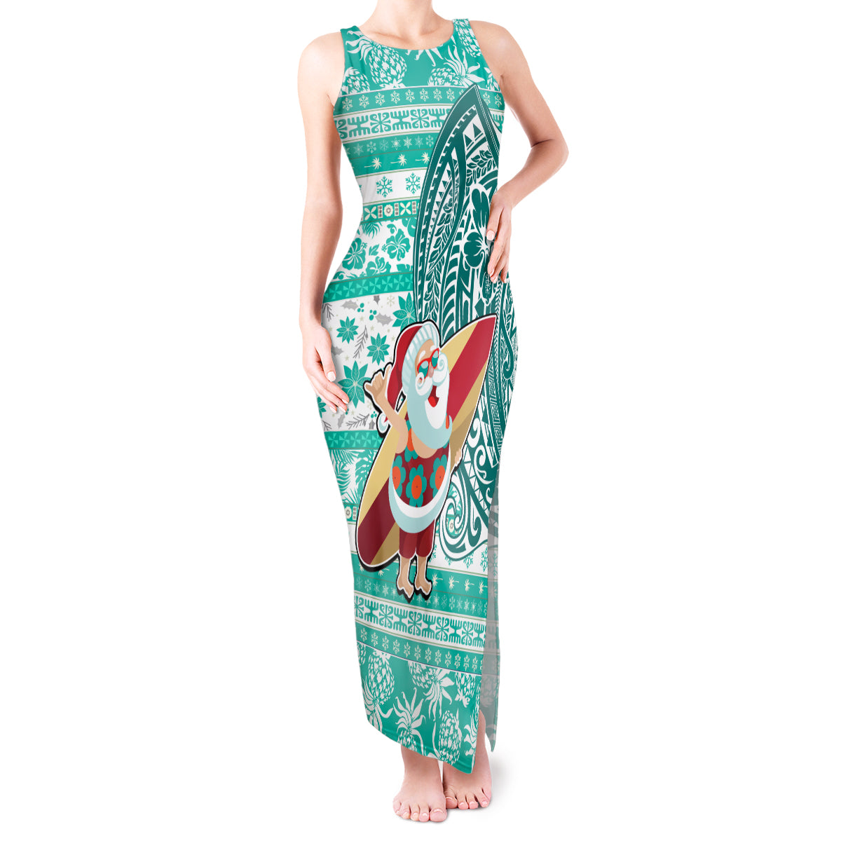 Hawaii Mele Kalikimaka Tank Maxi Dress Santa Claus Surfing with Hawaiian Pattern Striped Turquoise Style LT03 Women Turquoise - Polynesian Pride