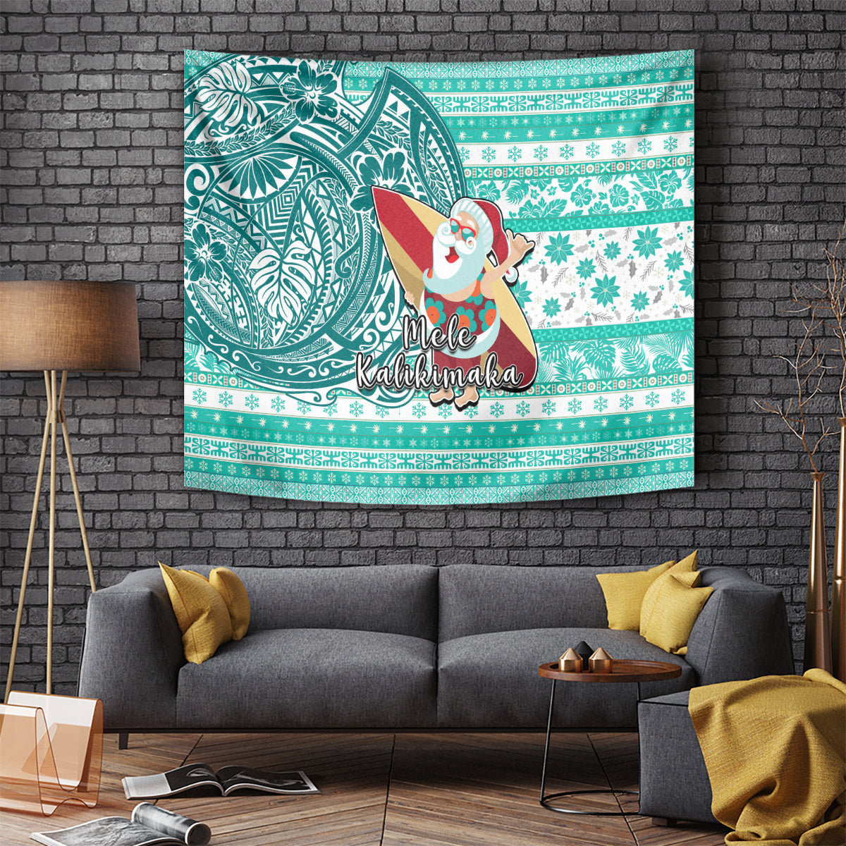 Hawaii Mele Kalikimaka Tapestry Santa Claus Surfing with Hawaiian Pattern Striped Turquoise Style LT03 Turquoise - Polynesian Pride