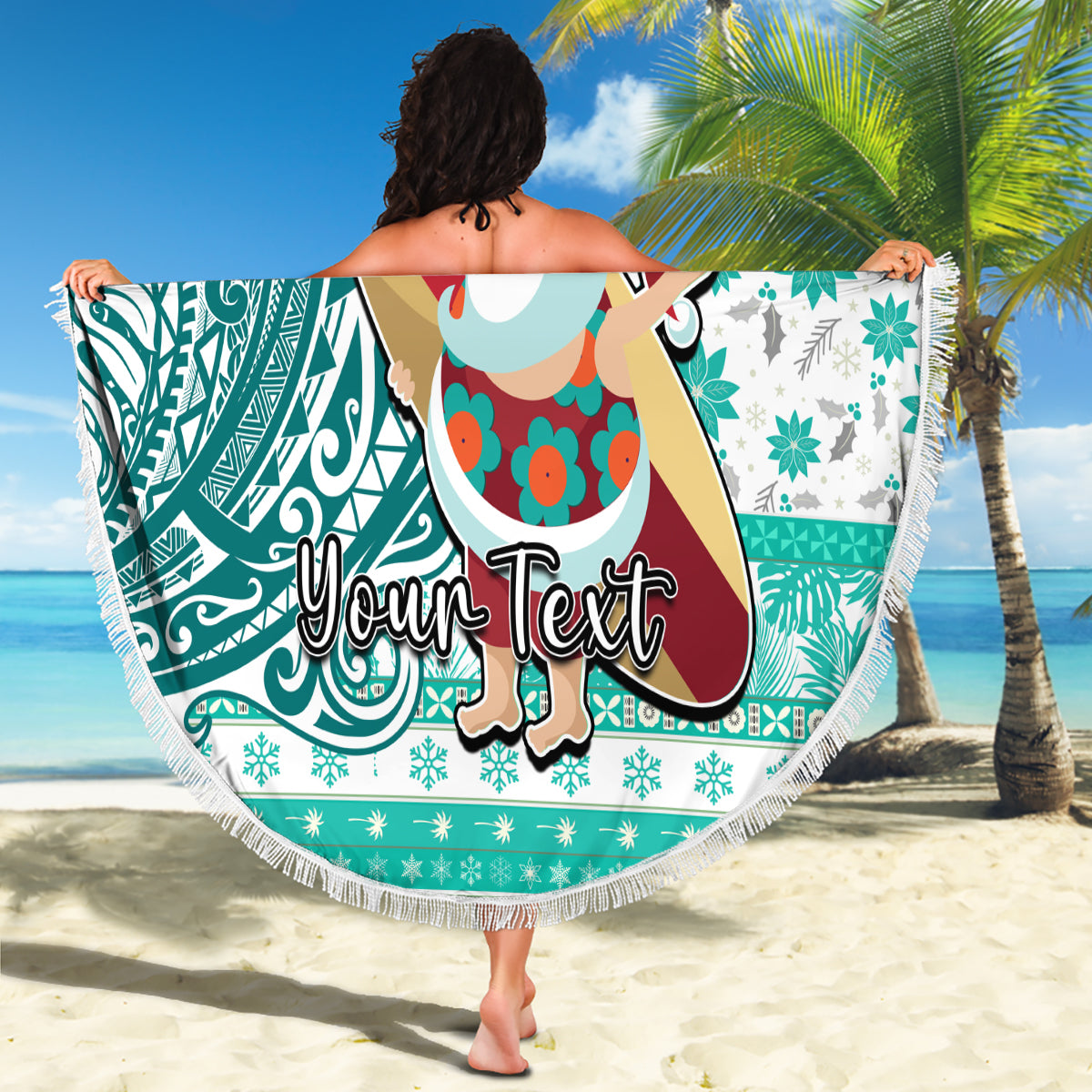 Custom Hawaii Mele Kalikimaka Beach Blanket Santa Claus Surfing with Hawaiian Pattern Striped Turquoise Style LT03 - Polynesian Pride