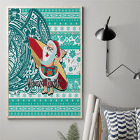 Custom Hawaii Mele Kalikimaka Canvas Wall Art Santa Claus Surfing with Hawaiian Pattern Striped Turquoise Style LT03 - Polynesian Pride
