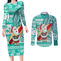 Custom Hawaii Mele Kalikimaka Couples Matching Long Sleeve Bodycon Dress and Long Sleeve Button Shirt Santa Claus Surfing with Hawaiian Pattern Striped Turquoise Style LT03 Turquoise - Polynesian Pride