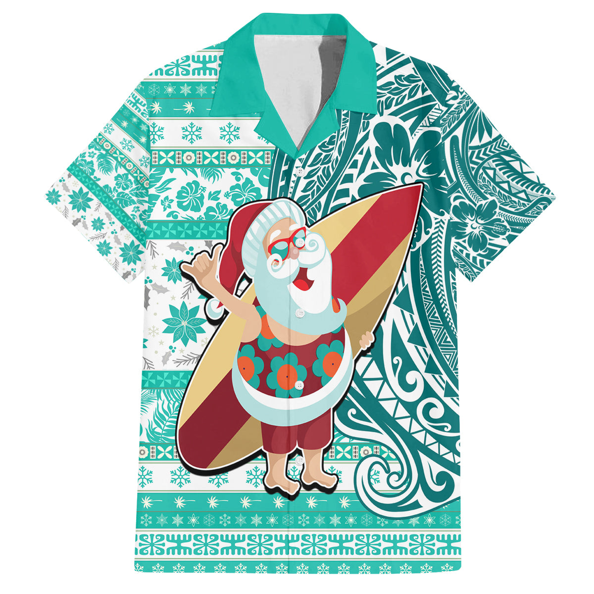 Custom Hawaii Mele Kalikimaka Family Matching Long Sleeve Bodycon Dress and Hawaiian Shirt Santa Claus Surfing with Hawaiian Pattern Striped Turquoise Style LT03 Dad's Shirt - Short Sleeve Turquoise - Polynesian Pride