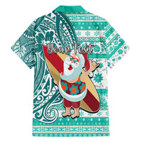Custom Hawaii Mele Kalikimaka Family Matching Long Sleeve Bodycon Dress and Hawaiian Shirt Santa Claus Surfing with Hawaiian Pattern Striped Turquoise Style LT03 - Polynesian Pride