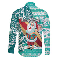 Custom Hawaii Mele Kalikimaka Family Matching Long Sleeve Bodycon Dress and Hawaiian Shirt Santa Claus Surfing with Hawaiian Pattern Striped Turquoise Style LT03 - Polynesian Pride