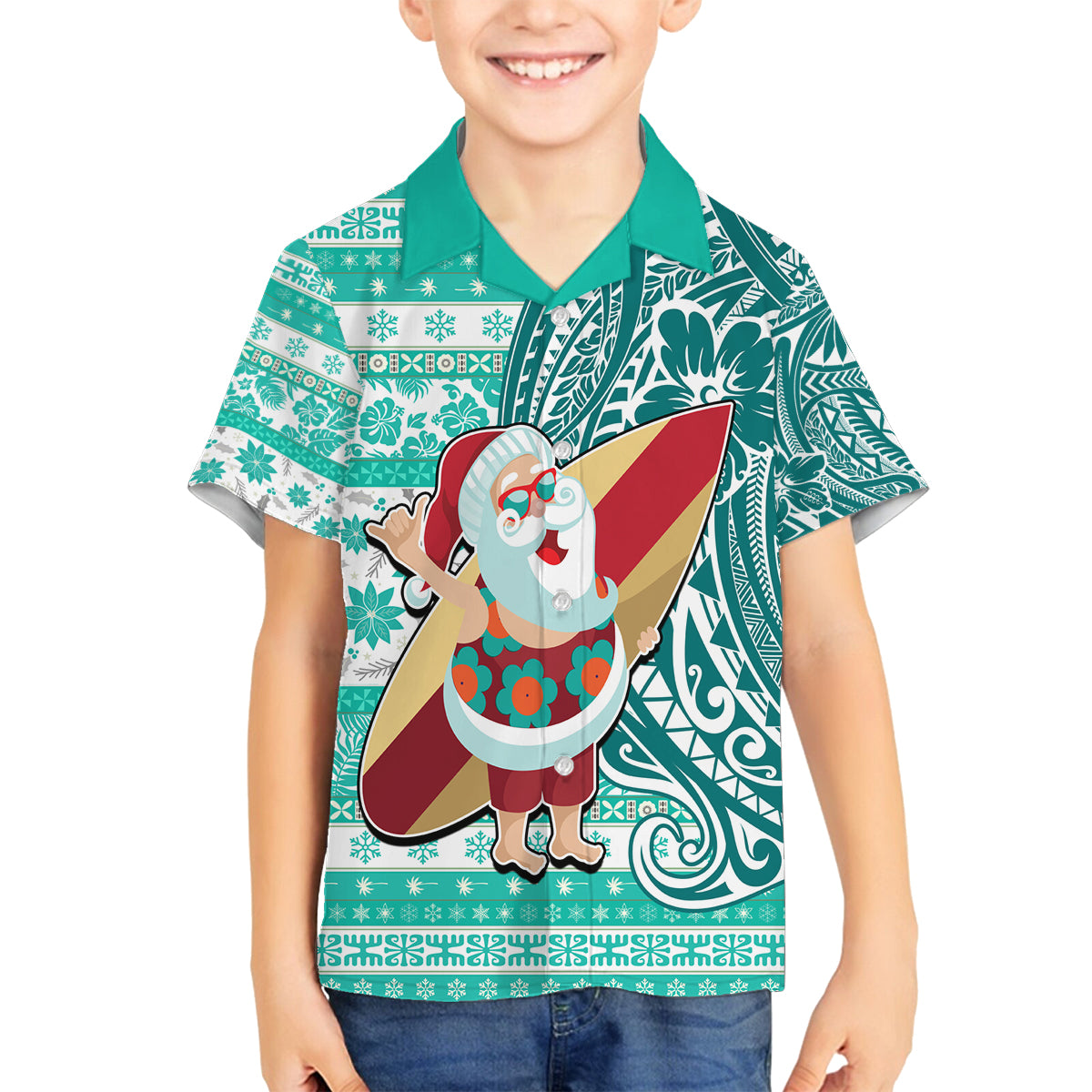 Custom Hawaii Mele Kalikimaka Family Matching Long Sleeve Bodycon Dress and Hawaiian Shirt Santa Claus Surfing with Hawaiian Pattern Striped Turquoise Style LT03 Son's Shirt Turquoise - Polynesian Pride