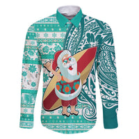 Custom Hawaii Mele Kalikimaka Family Matching Off Shoulder Long Sleeve Dress and Hawaiian Shirt Santa Claus Surfing with Hawaiian Pattern Striped Turquoise Style LT03 Dad's Shirt - Long Sleeve Turquoise - Polynesian Pride