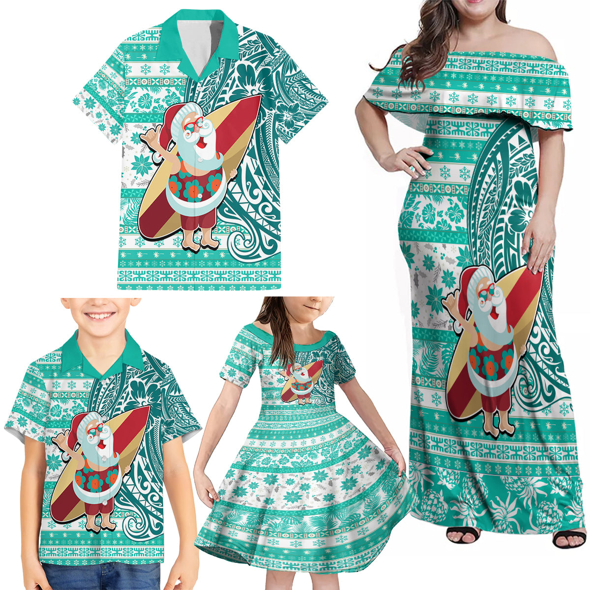 Custom Hawaii Mele Kalikimaka Family Matching Off Shoulder Maxi Dress and Hawaiian Shirt Santa Claus Surfing with Hawaiian Pattern Striped Turquoise Style LT03 - Polynesian Pride