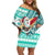 Custom Hawaii Mele Kalikimaka Family Matching Off Shoulder Short Dress and Hawaiian Shirt Santa Claus Surfing with Hawaiian Pattern Striped Turquoise Style LT03 Mom's Dress Turquoise - Polynesian Pride